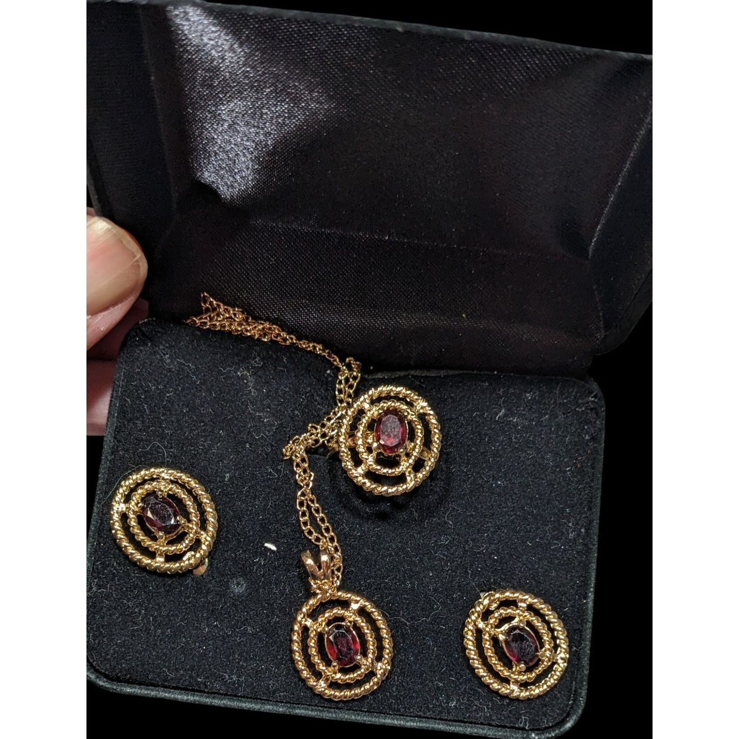 Vintage Garnet Gold Tone Demi Parure (Earrings, Necklace, Ring)