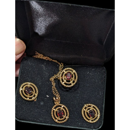 Vintage Garnet Gold Tone Demi Parure (Earrings, Necklace, Ring)