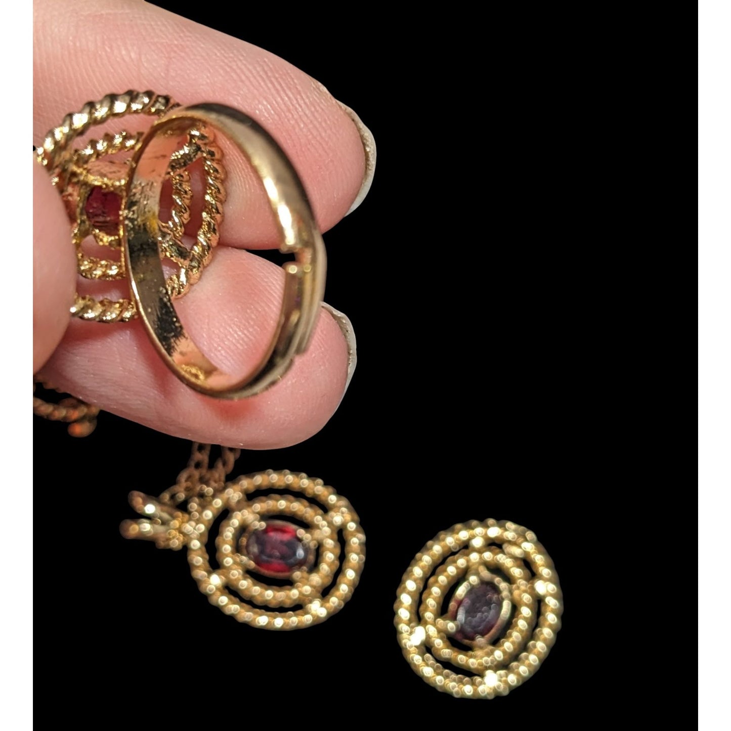 Vintage Garnet Gold Tone Demi Parure (Earrings, Necklace, Ring)