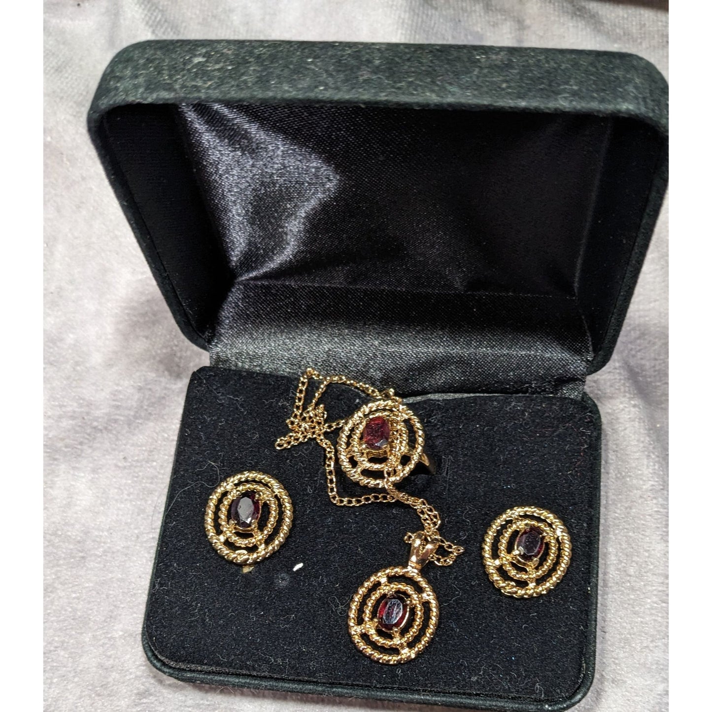 Vintage Garnet Gold Tone Demi Parure (Earrings, Necklace, Ring)