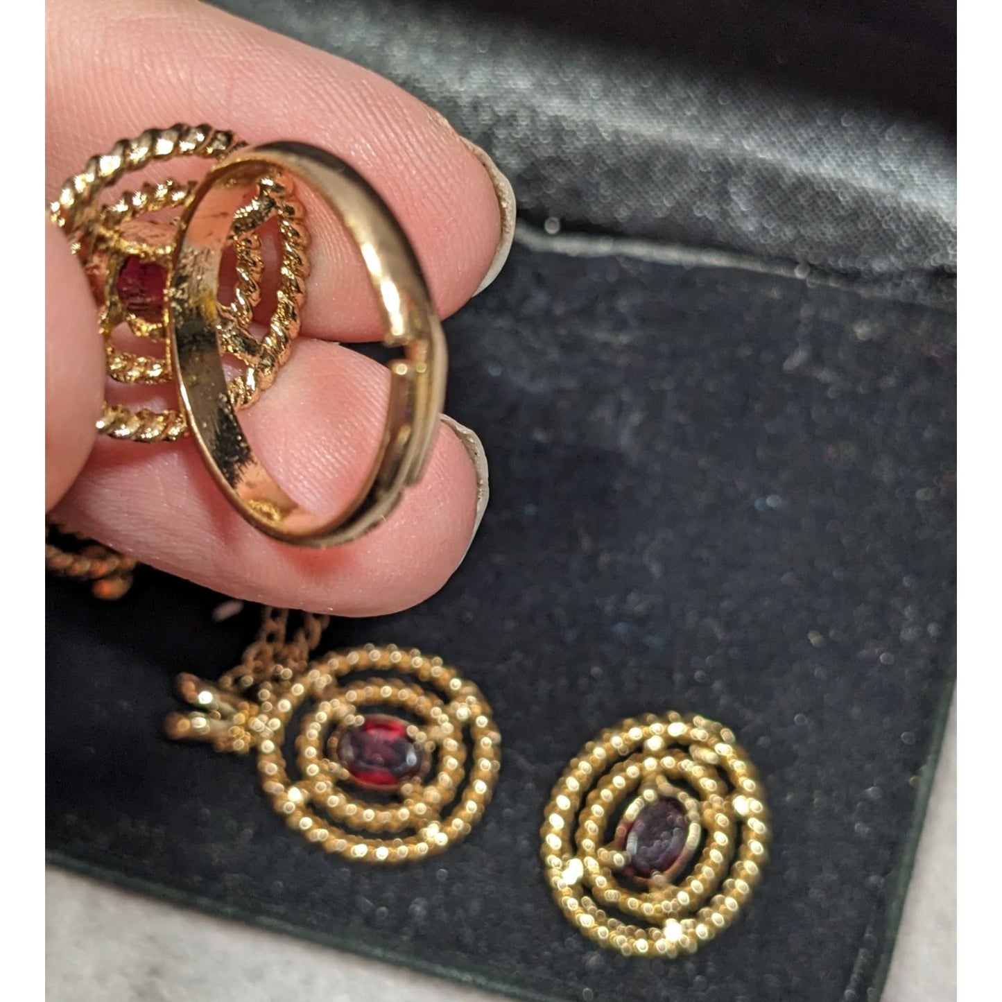 Vintage Garnet Gold Tone Demi Parure (Earrings, Necklace, Ring)