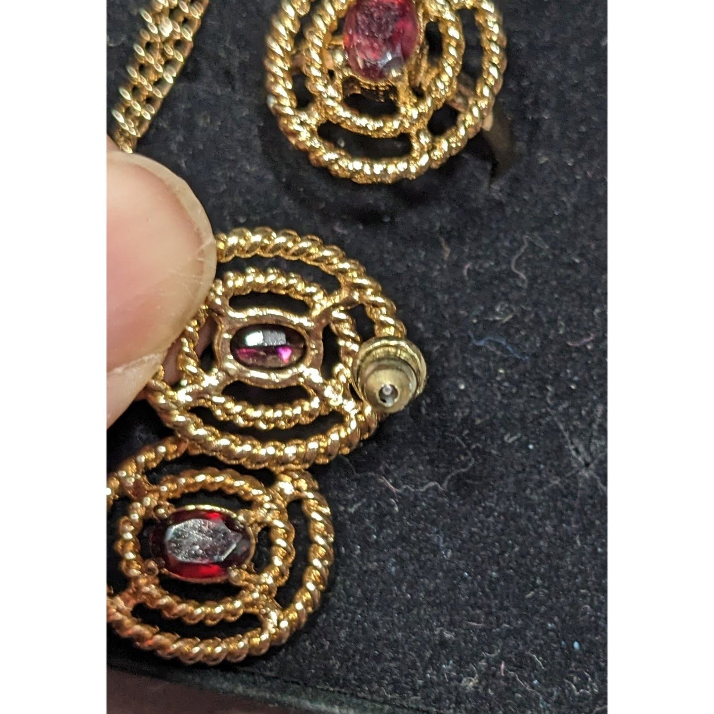 Vintage Garnet Gold Tone Demi Parure (Earrings, Necklace, Ring)