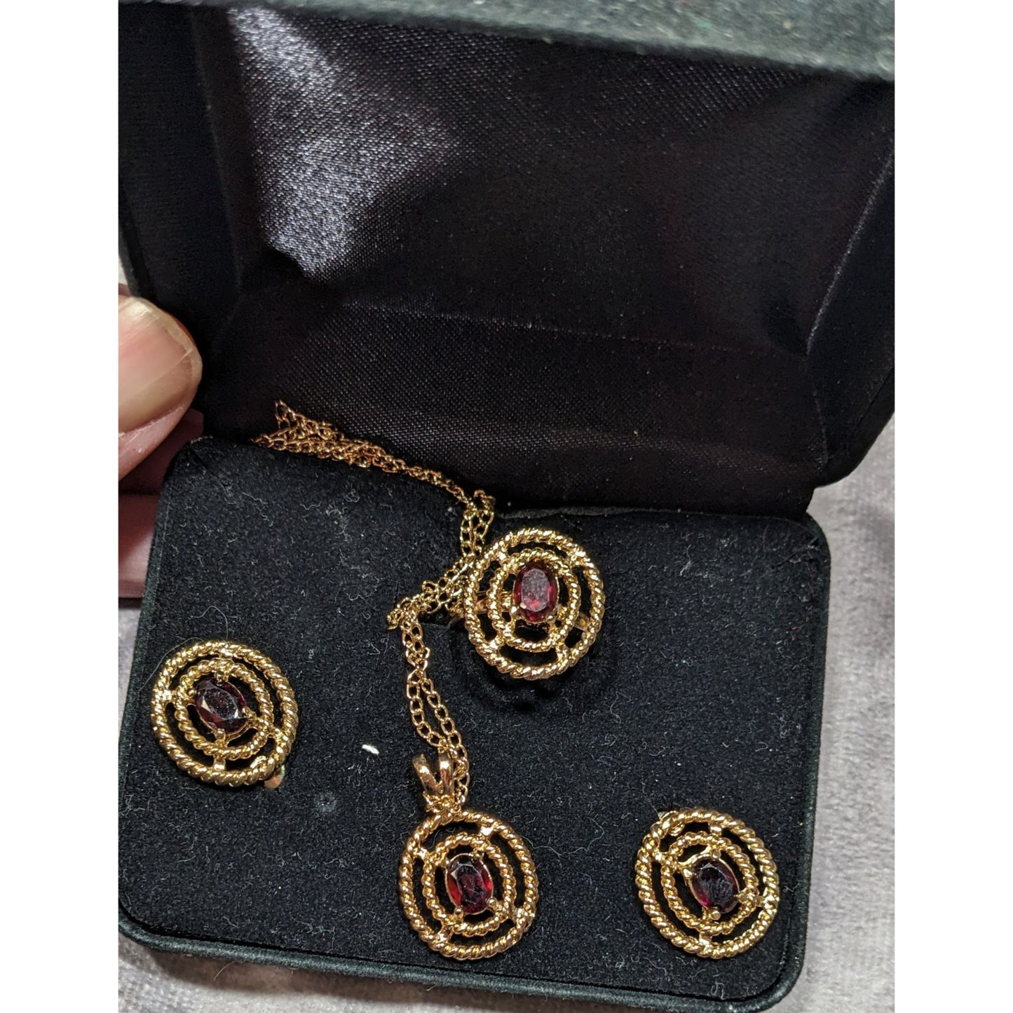 Vintage Garnet Gold Tone Demi Parure (Earrings, Necklace, Ring)
