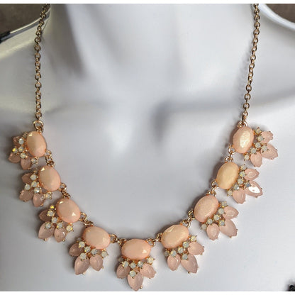 Elegant Rose Gold Tone Necklace With Peach & Opal Tone Gems
