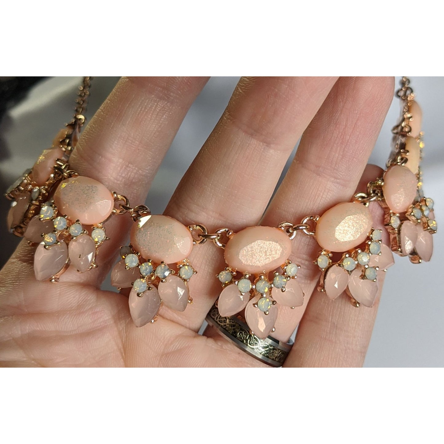 Elegant Rose Gold Tone Necklace With Peach & Opal Tone Gems