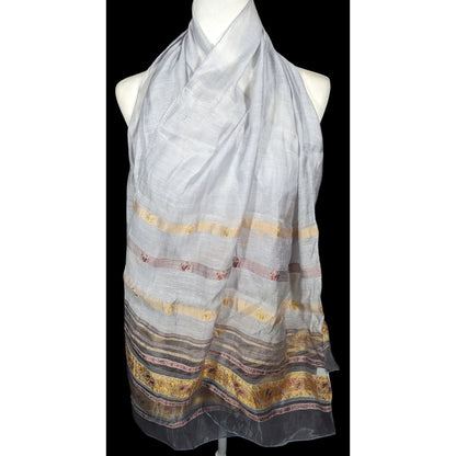 Semi Sheer Grey And Gold Metallic Striped Scarf