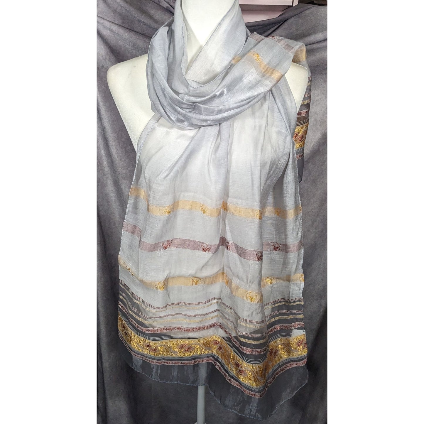 Semi Sheer Grey And Gold Metallic Striped Scarf