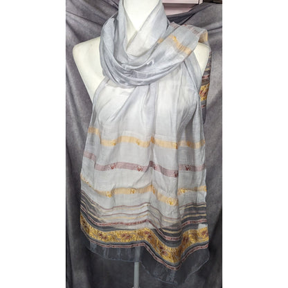 Semi Sheer Grey And Gold Metallic Striped Scarf