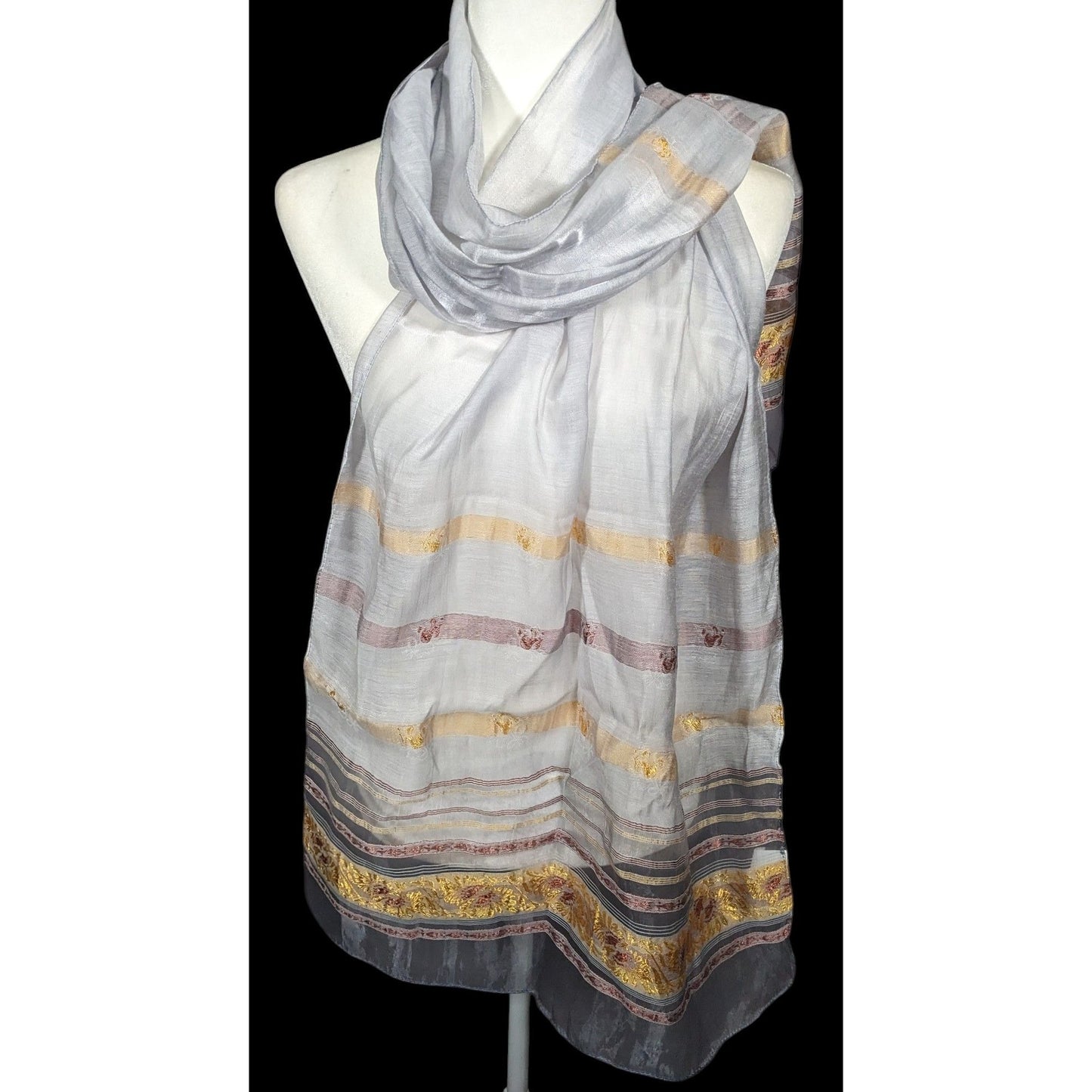 Semi Sheer Grey And Gold Metallic Striped Scarf