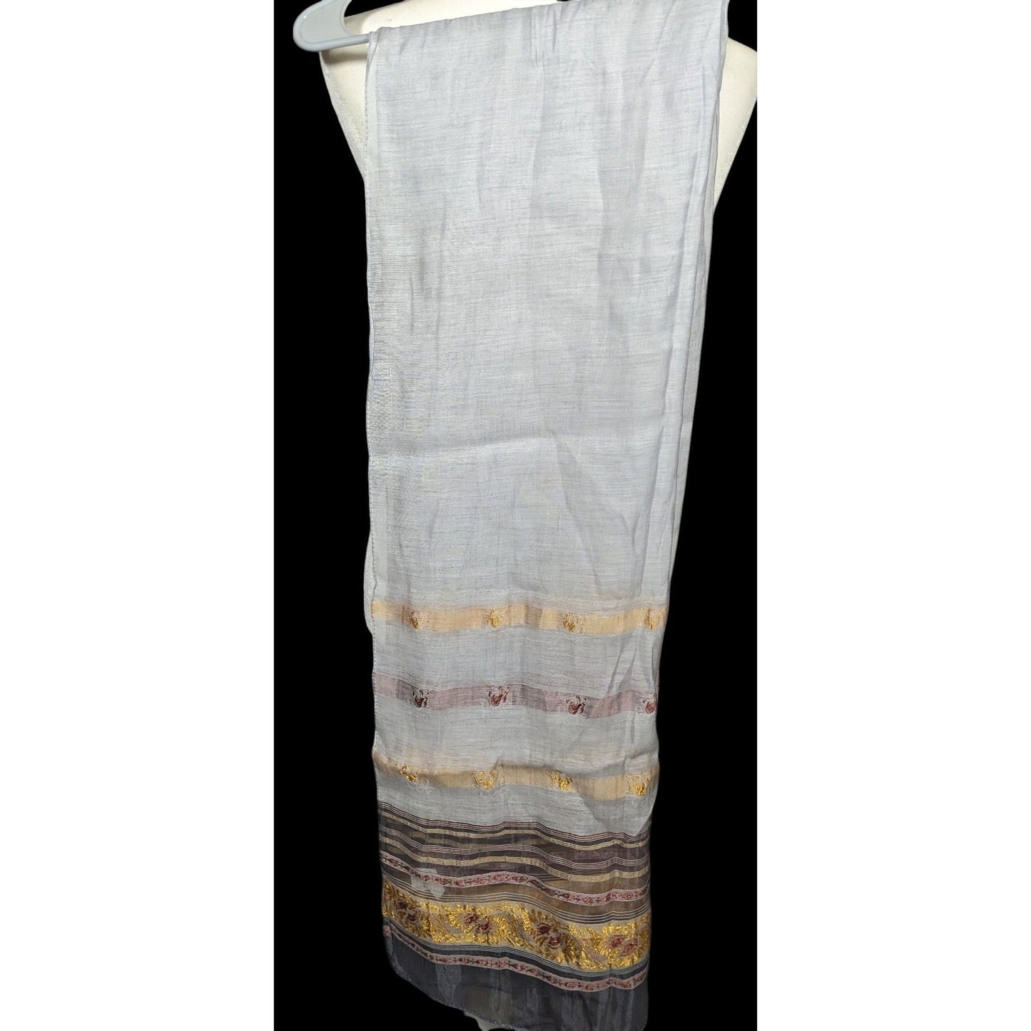 Semi Sheer Grey And Gold Metallic Striped Scarf