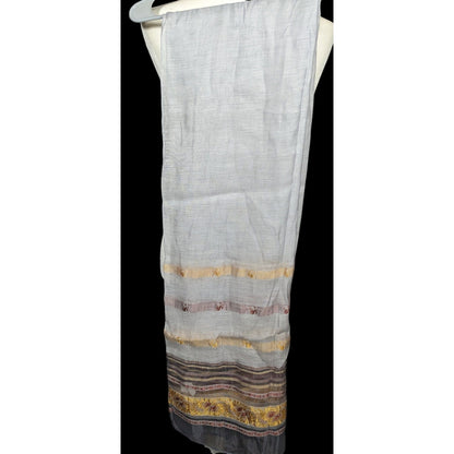 Semi Sheer Grey And Gold Metallic Striped Scarf