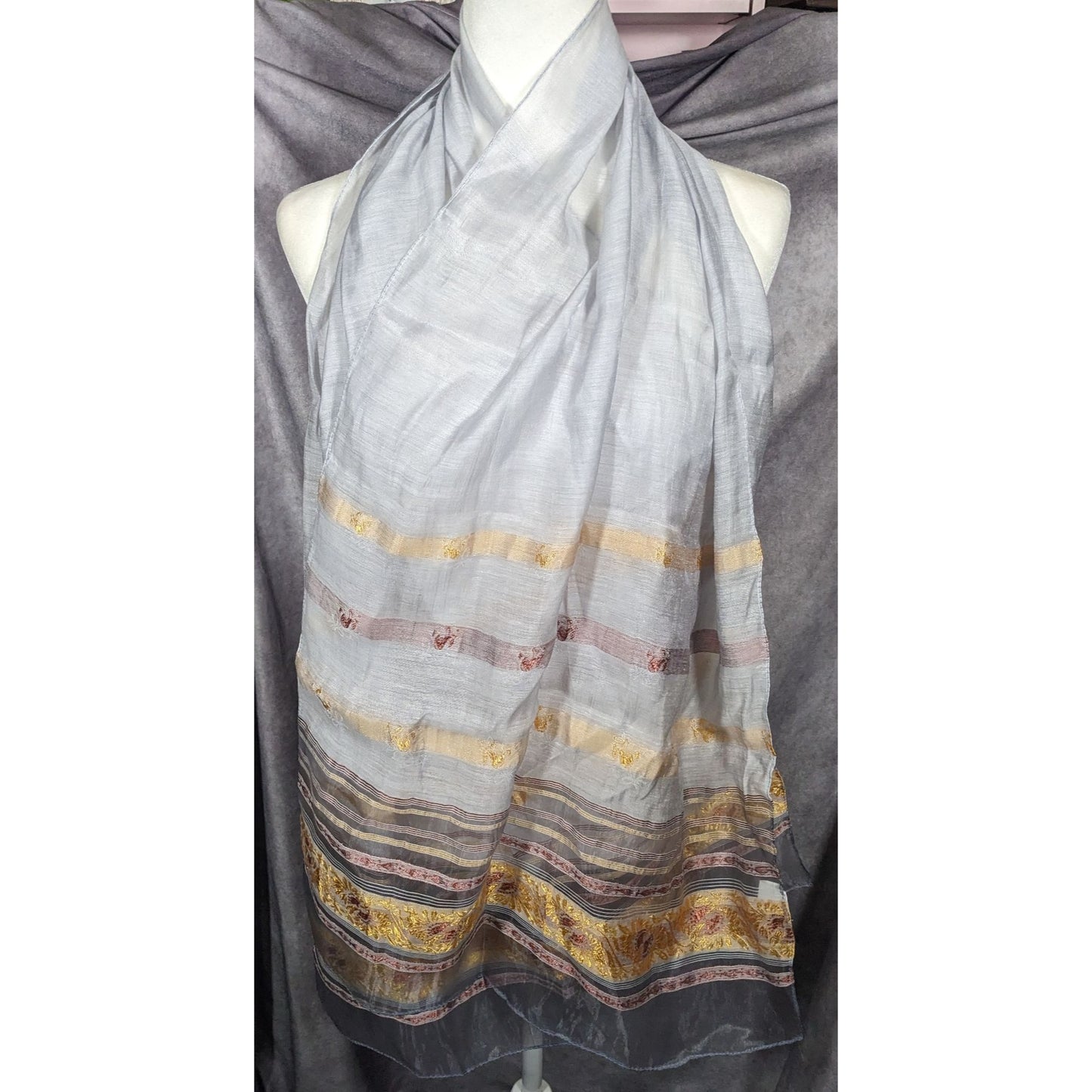 Semi Sheer Grey And Gold Metallic Striped Scarf