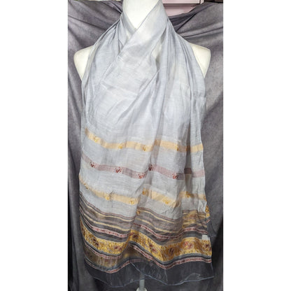 Semi Sheer Grey And Gold Metallic Striped Scarf