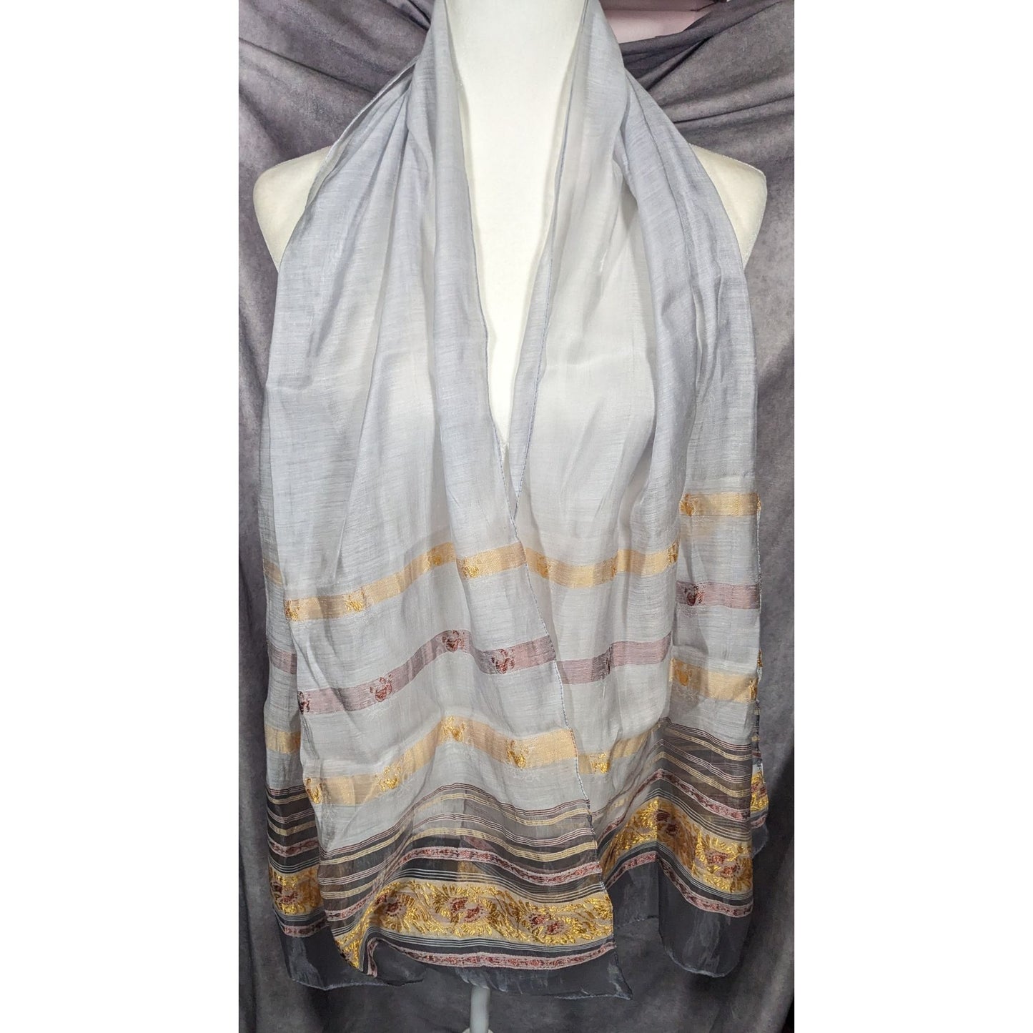Semi Sheer Grey And Gold Metallic Striped Scarf