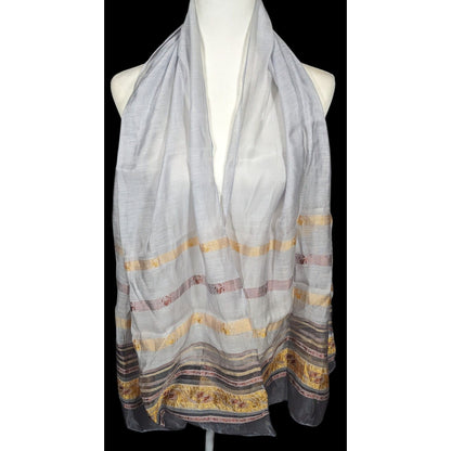 Semi Sheer Grey And Gold Metallic Striped Scarf