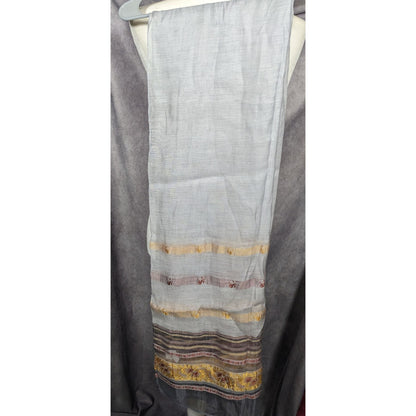 Semi Sheer Grey And Gold Metallic Striped Scarf