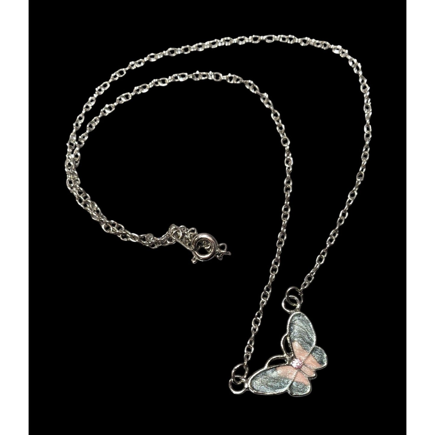 Fairycore Butterfly Pendant Necklace With Pink And Silver Tone Shimmer Enamel