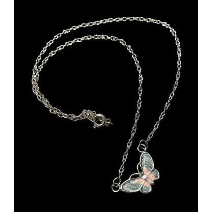 Fairycore Butterfly Pendant Necklace With Pink And Silver Tone Shimmer Enamel