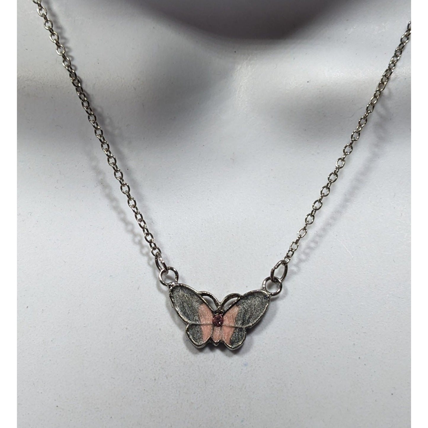 Fairycore Butterfly Pendant Necklace With Pink And Silver Tone Shimmer Enamel