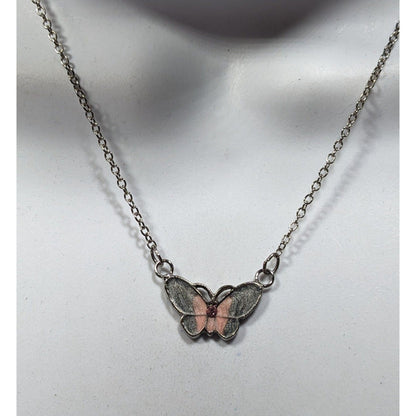 Fairycore Butterfly Pendant Necklace With Pink And Silver Tone Shimmer Enamel