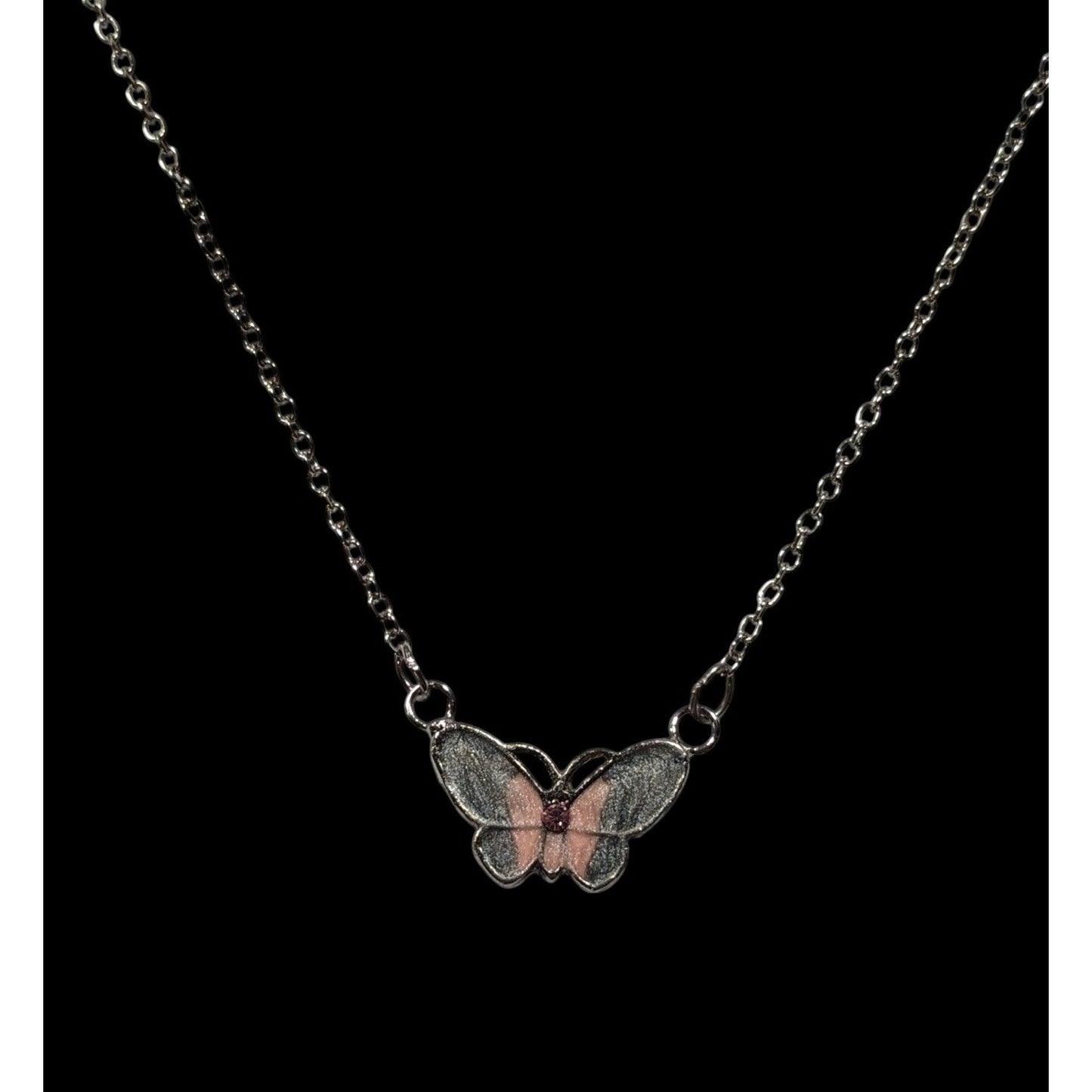 Fairycore Butterfly Pendant Necklace With Pink And Silver Tone Shimmer Enamel