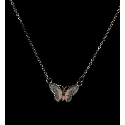 Fairycore Butterfly Pendant Necklace With Pink And Silver Tone Shimmer Enamel
