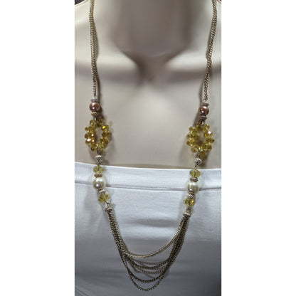 Y2K Glam Beaded Multistrand Yellow Glass And Faux Pearl Necklace With Silver Tone Chains