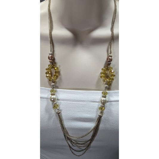 Y2K Glam Beaded Multistrand Yellow Glass And Faux Pearl Necklace With Silver Tone Chains