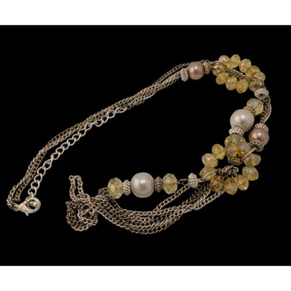 Y2K Glam Beaded Multistrand Yellow Glass And Faux Pearl Necklace With Silver Tone Chains