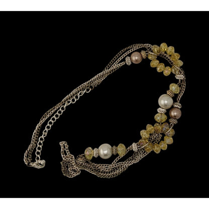 Y2K Glam Beaded Multistrand Yellow Glass And Faux Pearl Necklace With Silver Tone Chains