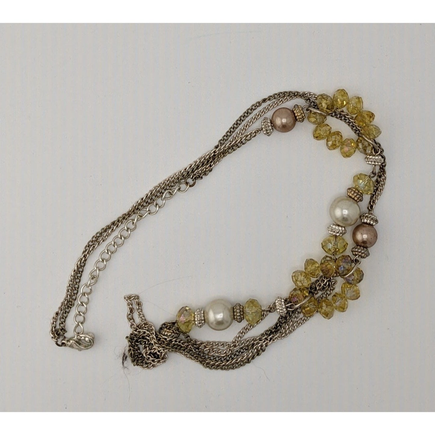 Y2K Glam Beaded Multistrand Yellow Glass And Faux Pearl Necklace With Silver Tone Chains