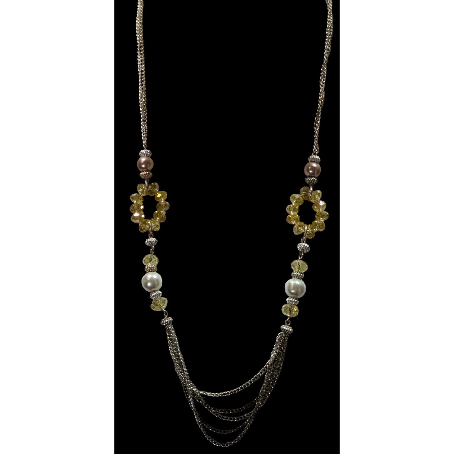 Y2K Glam Beaded Multistrand Yellow Glass And Faux Pearl Necklace With Silver Tone Chains