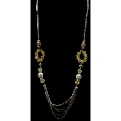 Y2K Glam Beaded Multistrand Yellow Glass And Faux Pearl Necklace With Silver Tone Chains