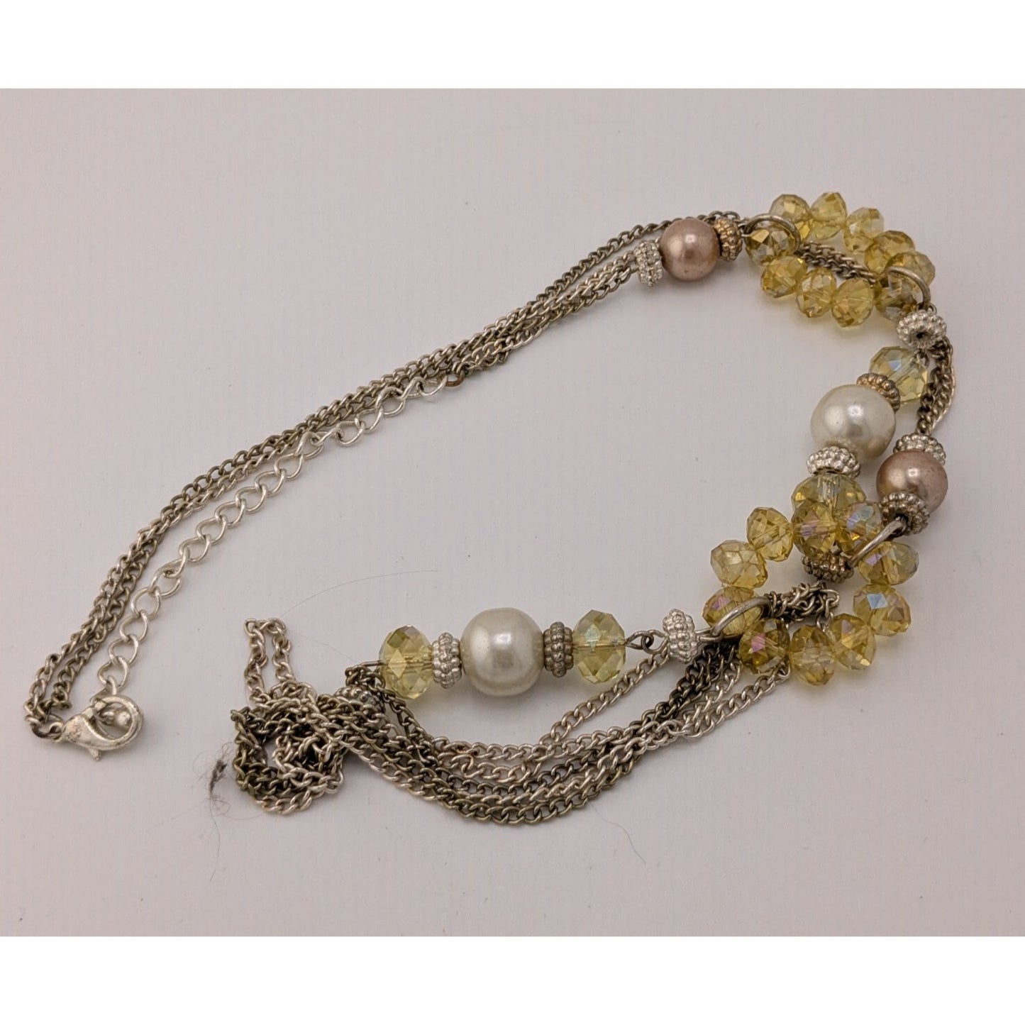 Y2K Glam Beaded Multistrand Yellow Glass And Faux Pearl Necklace With Silver Tone Chains