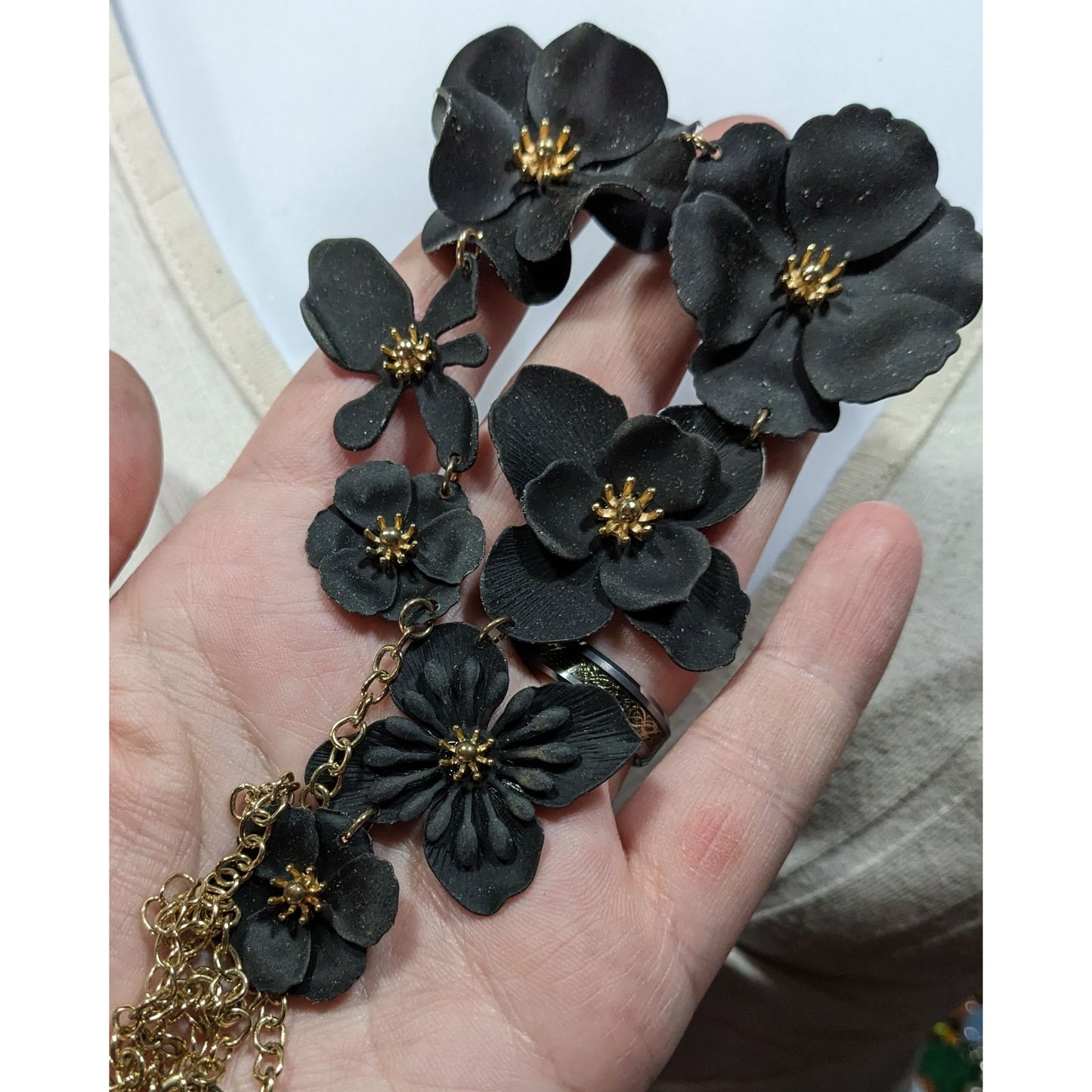 Whimsygoth Floral Black And Gold Tone Statement Necklace