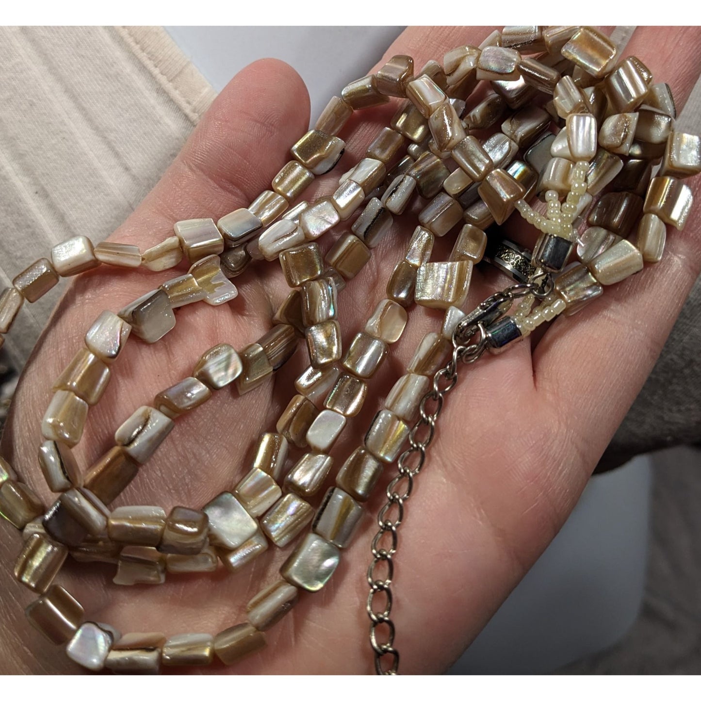 Multilayer Tan Shell Piece Beaded Necklace
