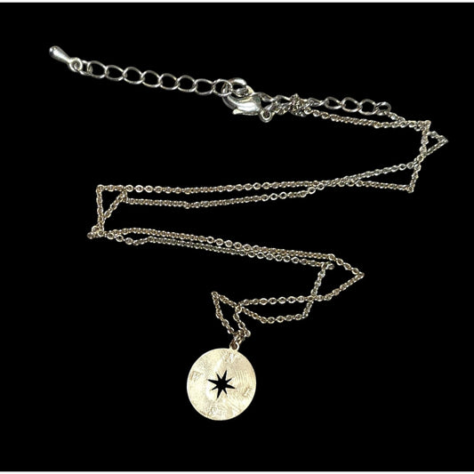 Minimalist Gold Tone Compass Pendant Necklace On Silver Tone Chain