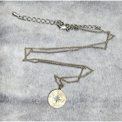 Minimalist Gold Tone Compass Pendant Necklace On Silver Tone Chain