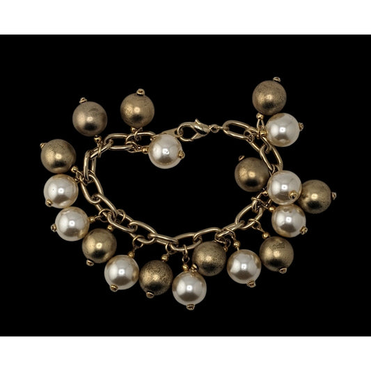Vintage Korea White And Gold-Tone & Faux Pearl Charm Bracelet