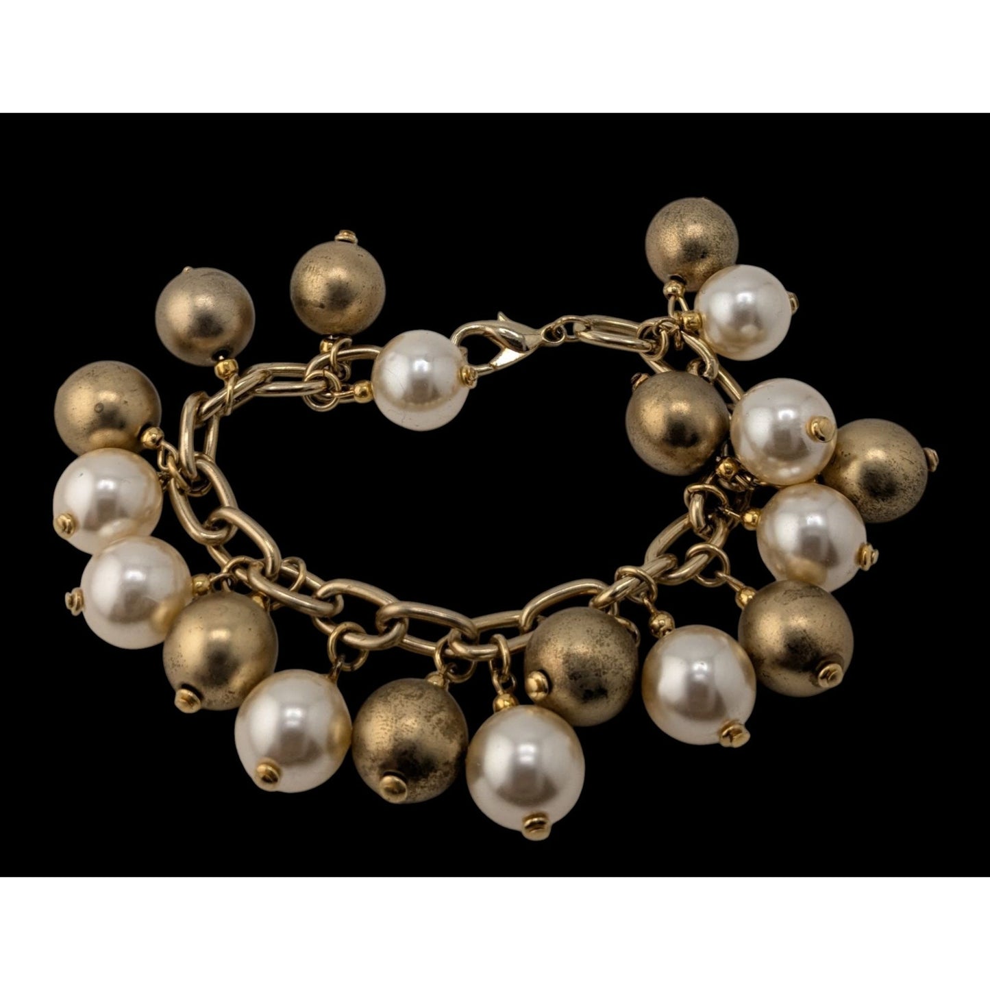 Vintage Korea White And Gold-Tone & Faux Pearl Charm Bracelet