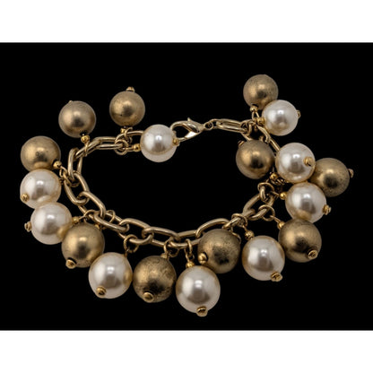 Vintage Korea White And Gold-Tone & Faux Pearl Charm Bracelet