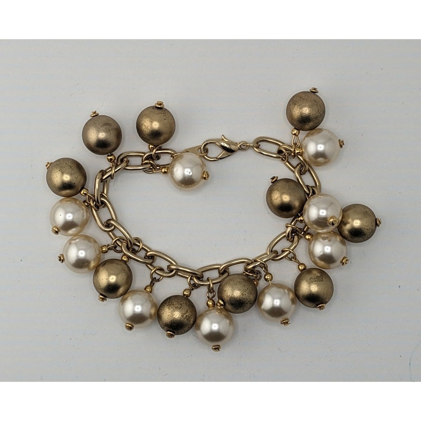 Vintage Korea White And Gold-Tone & Faux Pearl Charm Bracelet