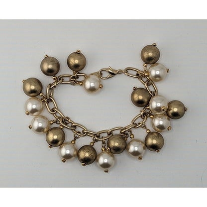 Vintage Korea White And Gold-Tone & Faux Pearl Charm Bracelet