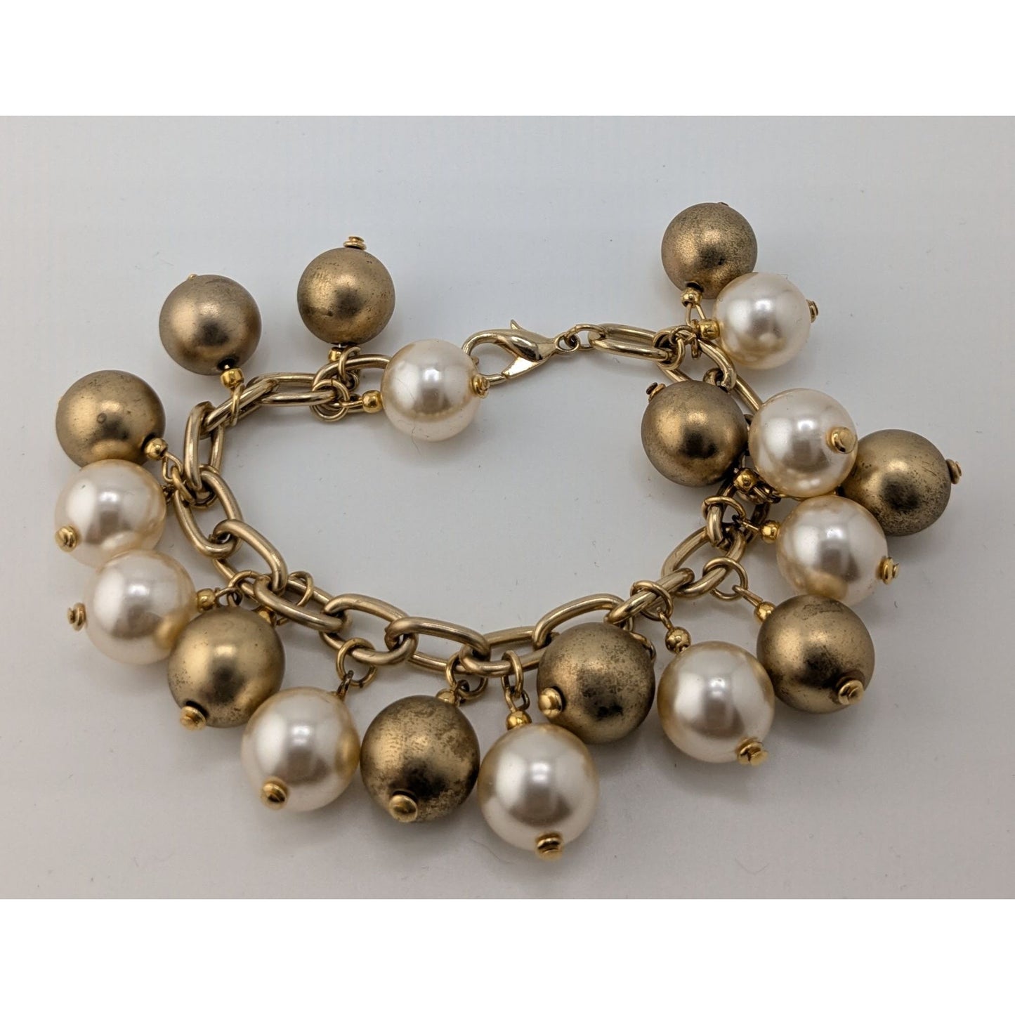 Vintage Korea White And Gold-Tone & Faux Pearl Charm Bracelet