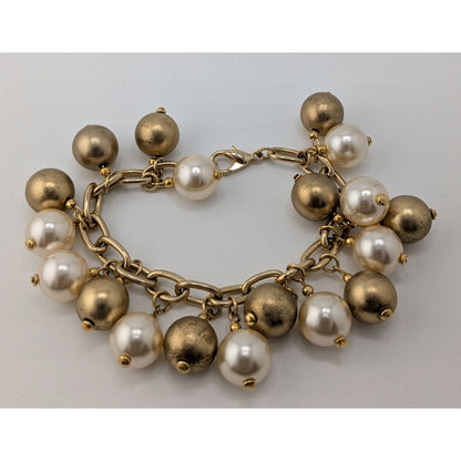Vintage Korea White And Gold-Tone & Faux Pearl Charm Bracelet