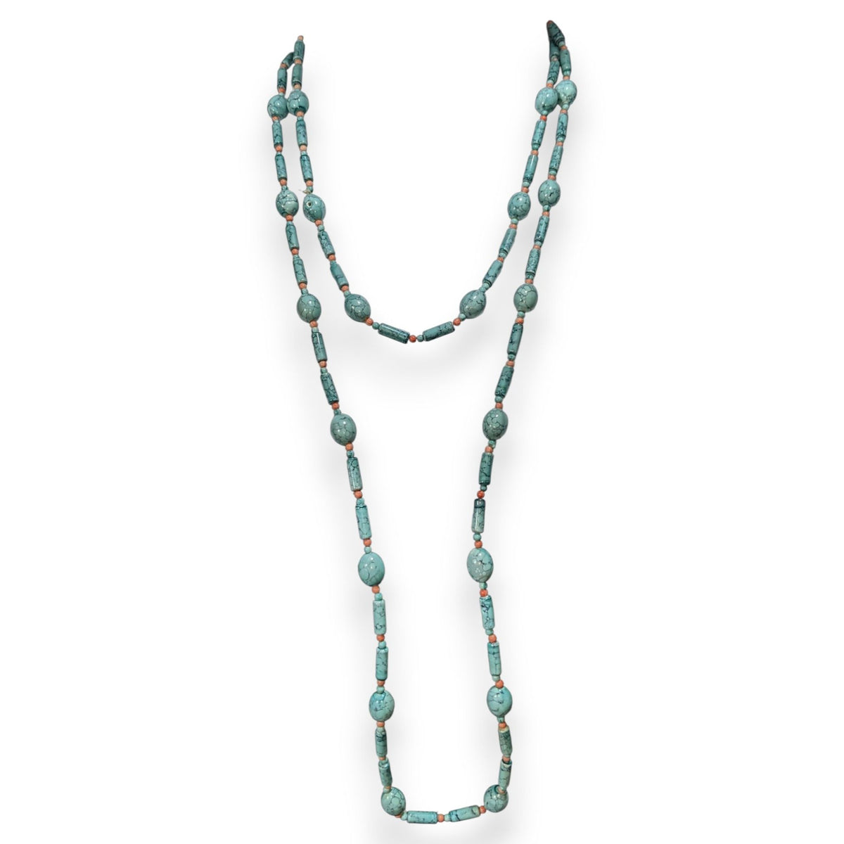 Boho Southwestern Faux Turquoise Orange Beaded Necklace 54 Inch
