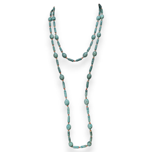 Boho Southwestern Faux Turquoise Orange Beaded Necklace 54 Inch