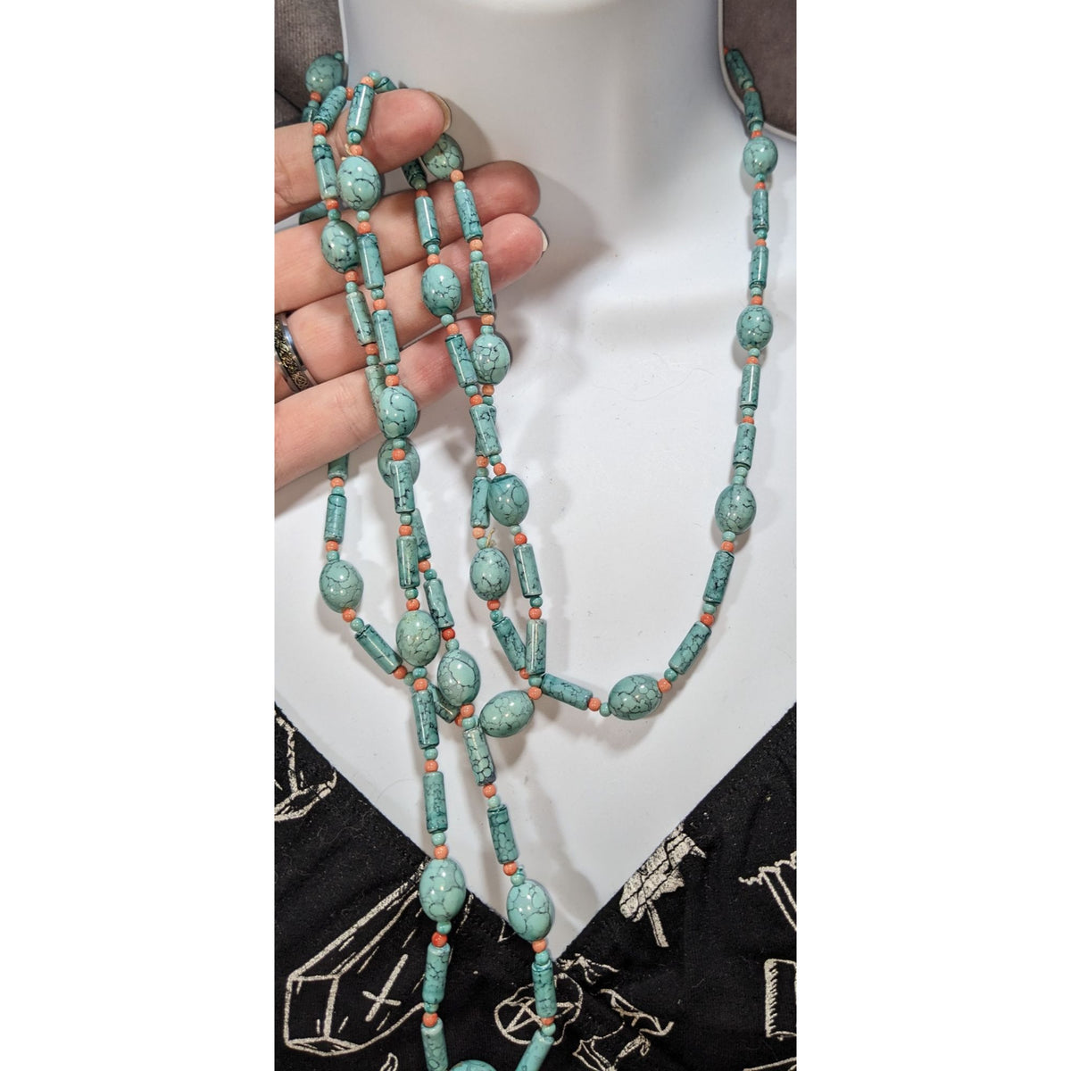 Boho Southwestern Faux Turquoise Orange Beaded Necklace 54 Inch