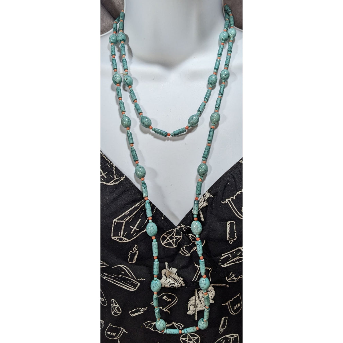 Boho Southwestern Faux Turquoise Orange Beaded Necklace 54 Inch
