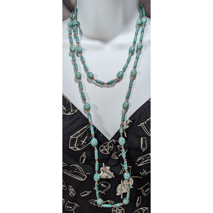 Boho Southwestern Faux Turquoise Orange Beaded Necklace 54 Inch
